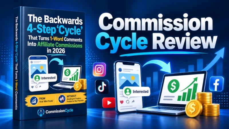 Commission Cycle Review: the free report next to a phone, laptop and rising revenue chart representing the comment-to-DM method