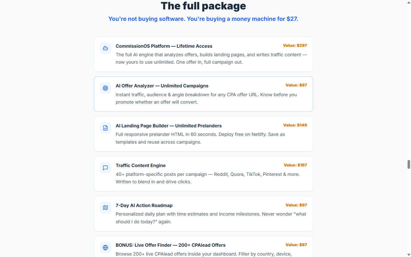 Screenshot of the CommissionOS front end value stack claiming a total value of 1,245 dollars for a 27 dollar price